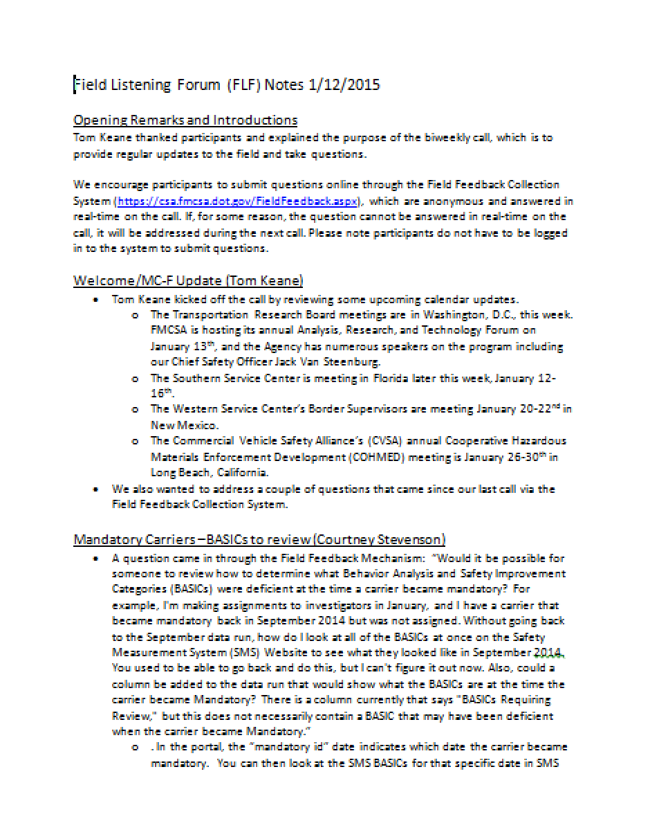 Field Listening Forum Call Notes - 01/12/2015