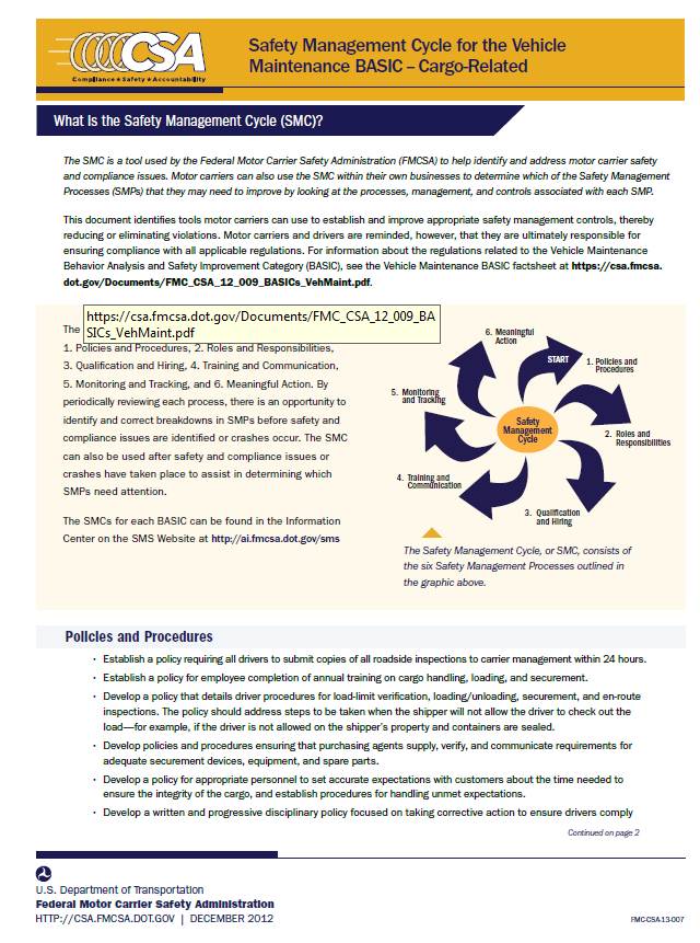 Safety Management Cycle (SMC): Vehicle Maintenance - Cargo-Related