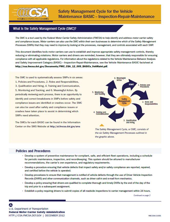 Safety Management Cycle (SMC): Vehicle Maintenance - Inspection-Repair-Maintenance